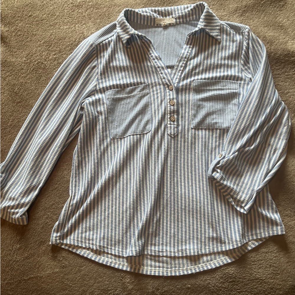 Women’s Oversized V-Neck Blue and White Striped Shirt